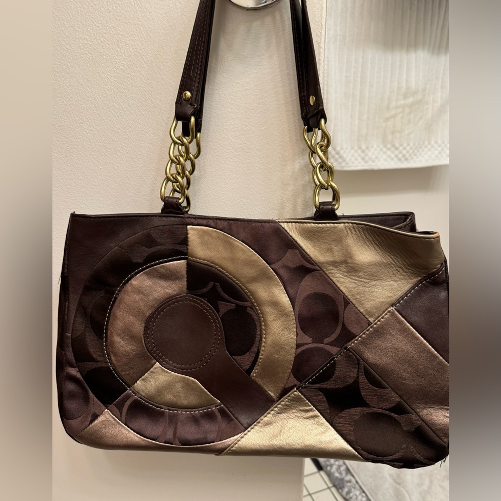 Coach Inlaid Patchwork leather Chain Tote bag F20013 Brown/Gold
